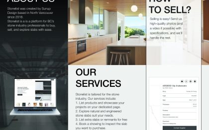 Stonelist Services Overview Showcasing Stone Slab Marketplace, Modern Kitchen With Stone Countertop, Service Listing, And Product Details Interface For Stone Industry Professionals.